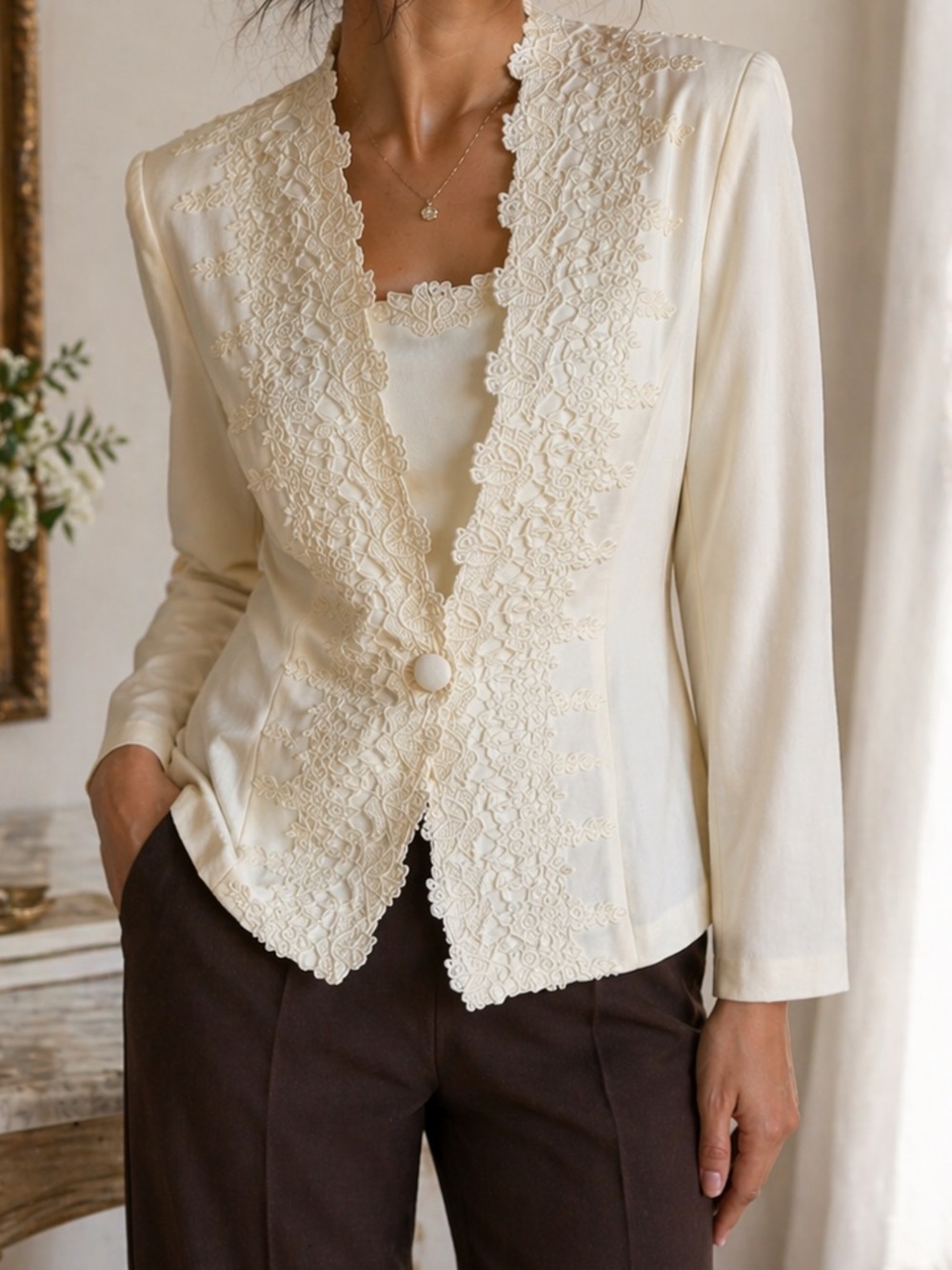 Vintage Karen Kwong Appliqué Rayon Blazer Top Tailored Ivory Romantic Timeless